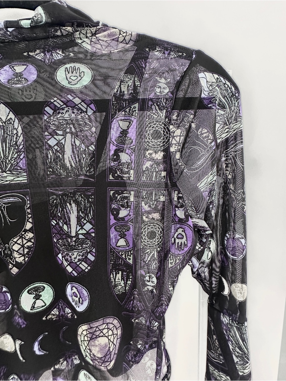 Hot Topic Black Sheer Mesh Long-Sleeve Top with Purple & Mint Mystical Print - Picture 2 of 6
